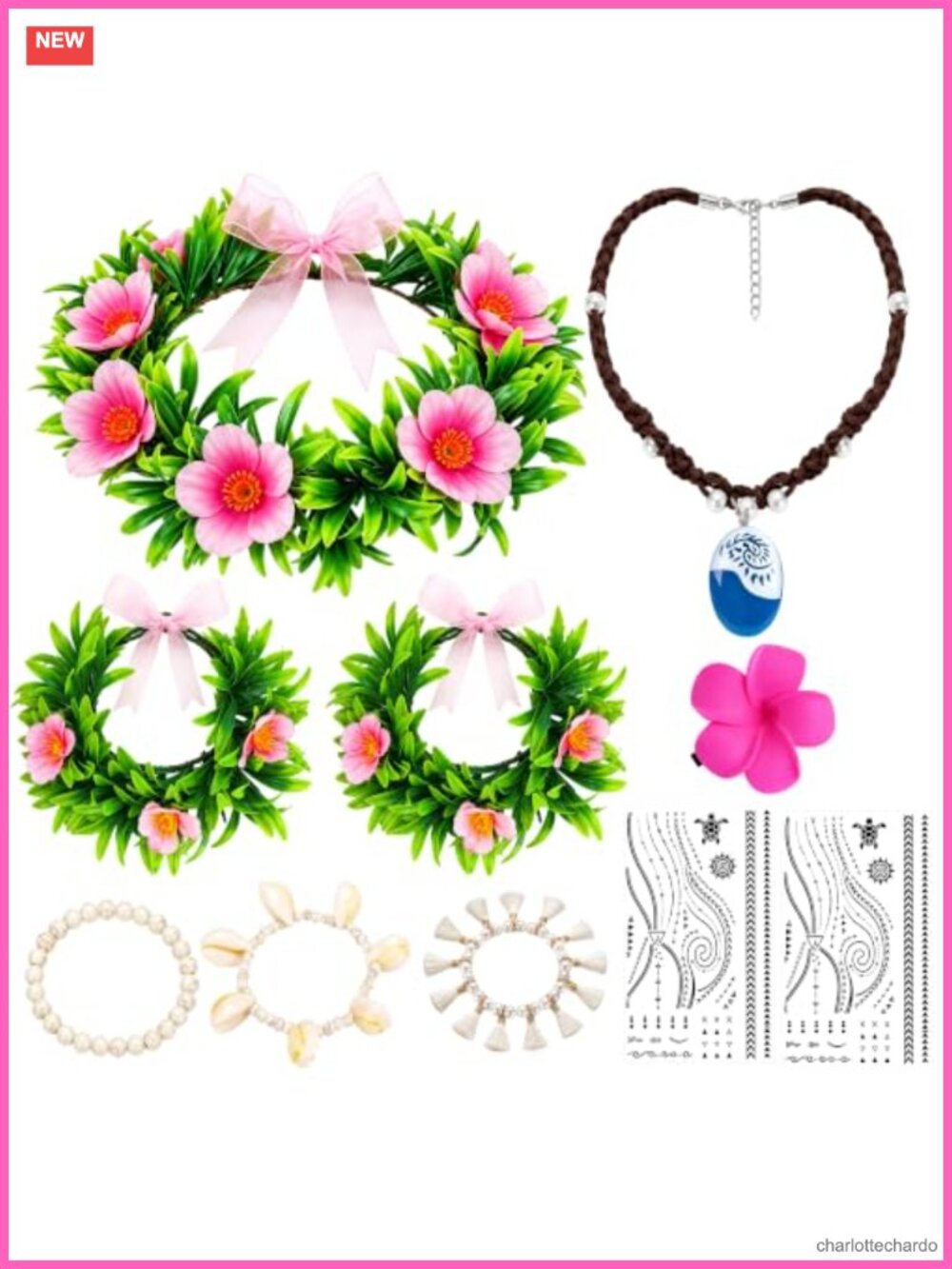 Hawaiian Flower Crown Lei Set Princess Costume Accessories Anklets Necklace